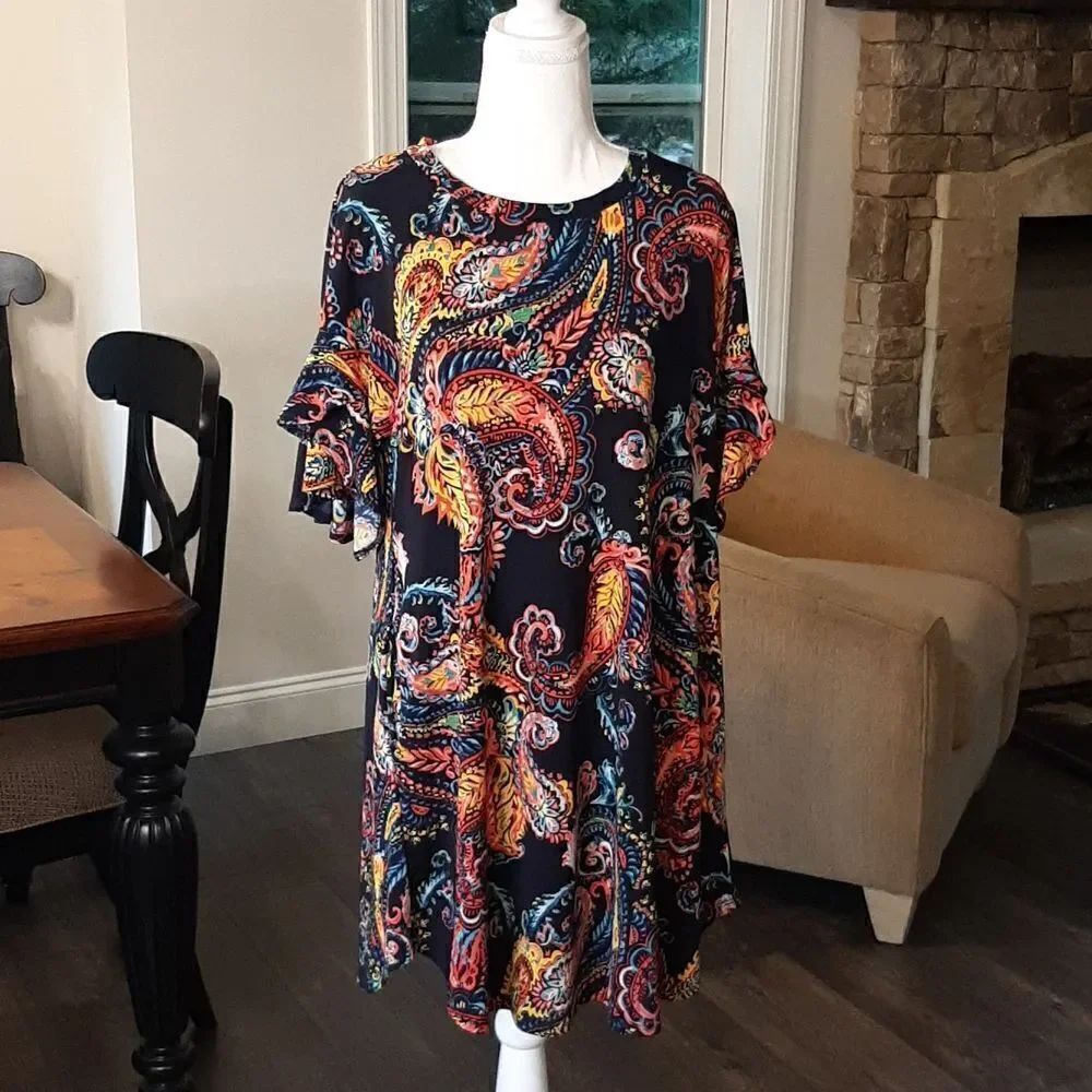 Navy Blue with Bright Paisley Print Mini Dress with Flowy Sleeves